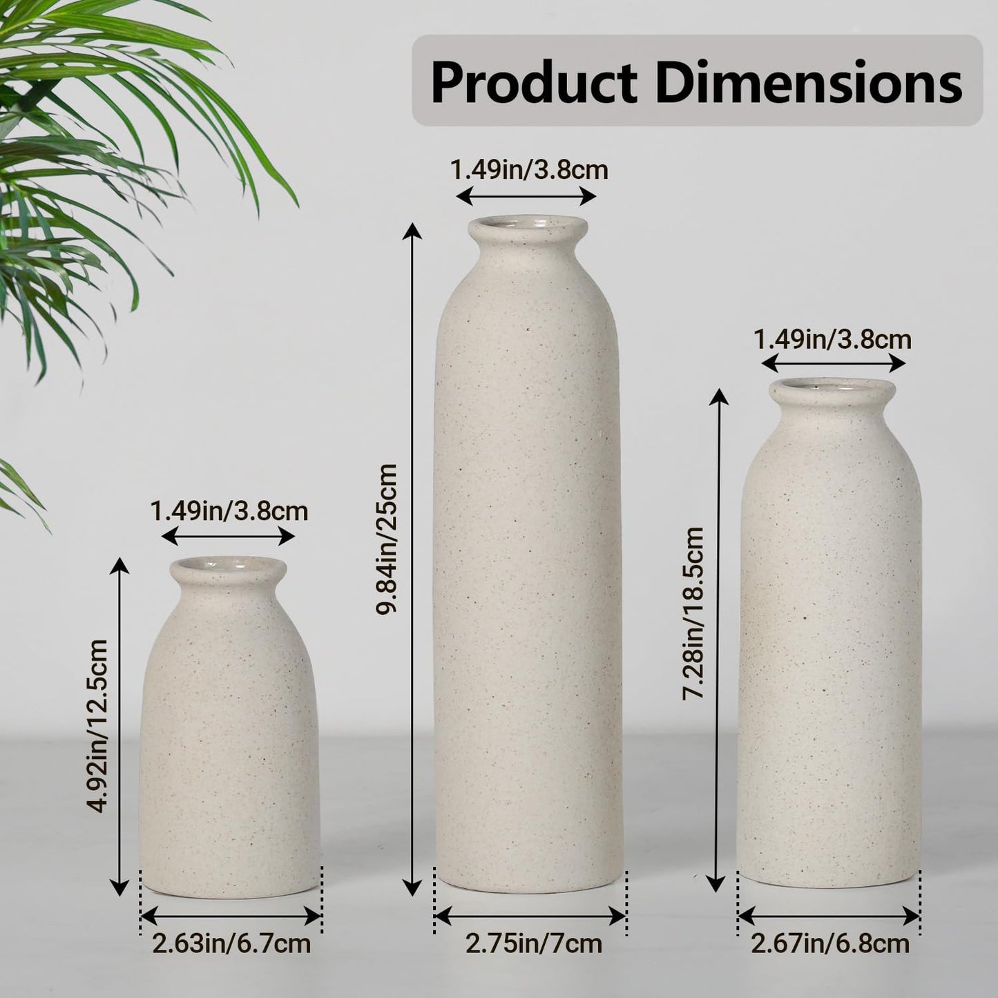 CEMABT Beige Ceramic vase Set-3 Small Flower vases for Decor,Modern Boho Farmhouse Home Decor,Decorative vase for Pampas Grass&Dried Flowers,idea Shelf,Table,Bookshelf ，Entryway- Distressed