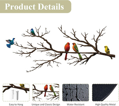 Metal Birds Wall Art, Metal Vivid Birds on Branch Silhouette Wall Decor Black Leaves with Bird Outdoor Hanging Wall Sculpture for Home Balcony Garden(Large)