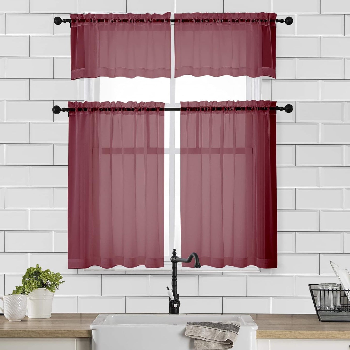 Chyhomenyc Sheer White Valances for Windows 2 Pack, Small Window Curtains for Living Room Bathroom Cafe Laundry Basement, Modern Top Dual Rod Pocket Voile Curtain, 42W x 14L inches, White - Colors A
