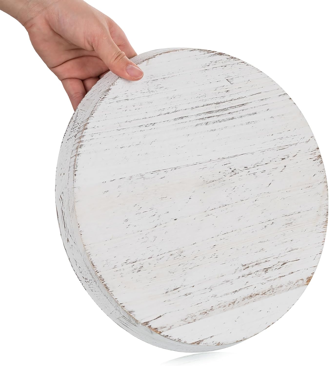 Romadedi Rustic Wooden Tray Candle Holder - Round Wood Decorative Pillar Candle Tray for Coffee Table Farmhouse Kitchen Countertop Organizer Home Decor Wedding Centerpiece, Distressed White