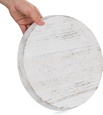Romadedi Rustic Wooden Tray Candle Holder - Round Wood Decorative Pillar Candle Tray for Coffee Table Farmhouse Kitchen Countertop Organizer Home Decor Wedding Centerpiece, Distressed White