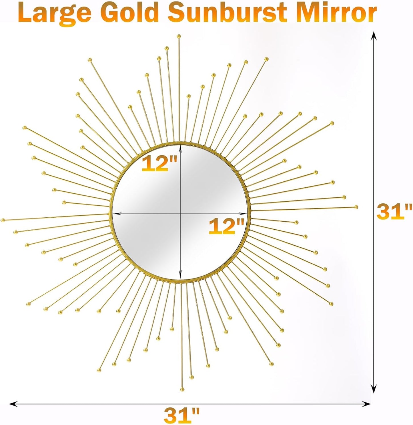 24'' Large Gold Sunburst Mirror, Metal Starburst Mirrors, Mid-Century Modern Sun Mirror Wall Decor for Living Room, Bedroom, Bathroom, Hallway, and Entryway