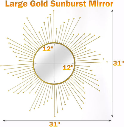 24'' Large Gold Sunburst Mirror, Metal Starburst Mirrors, Mid-Century Modern Sun Mirror Wall Decor for Living Room, Bedroom, Bathroom, Hallway, and Entryway