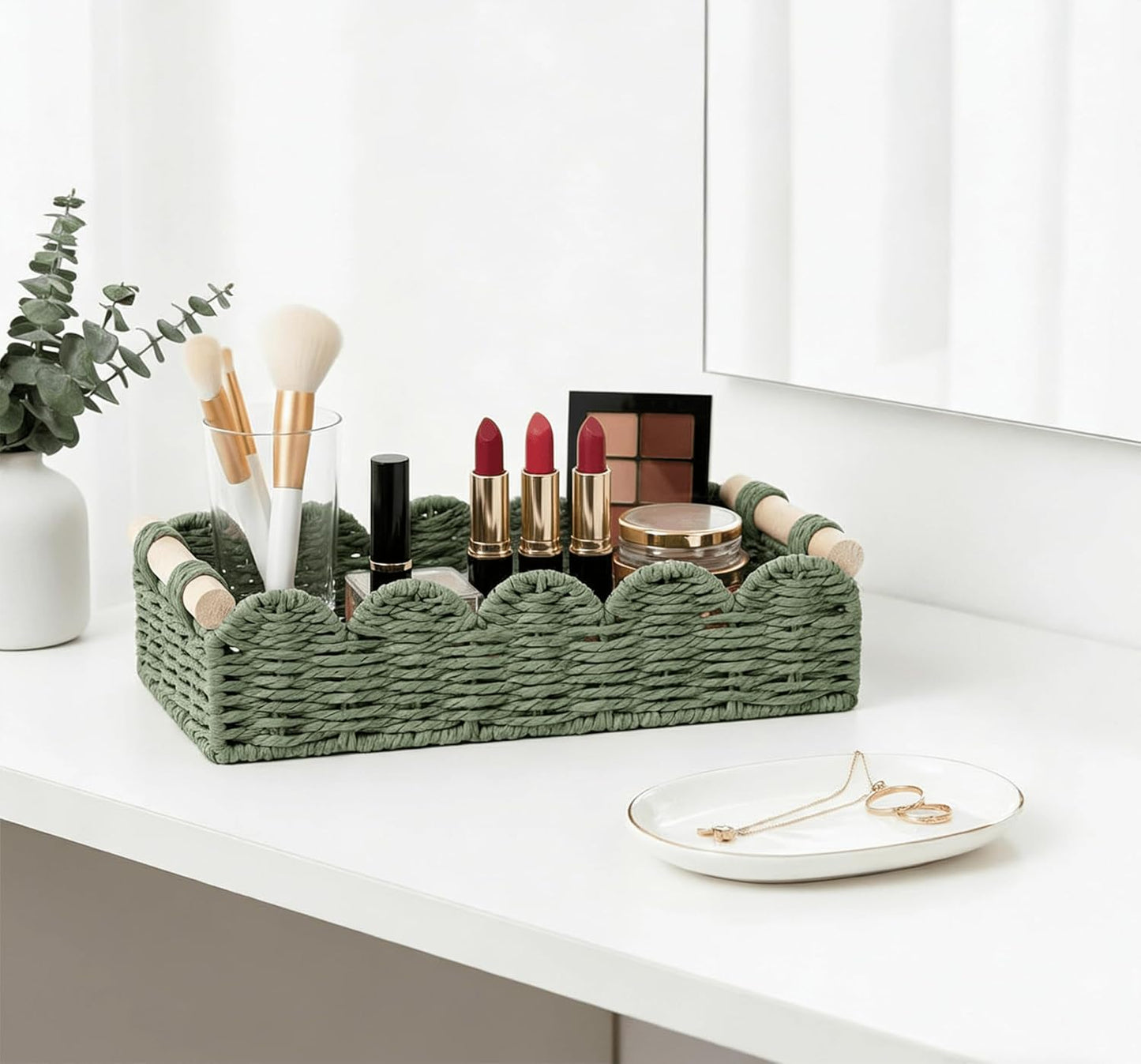 CubesLand Paper Rope Scalloped Edge Toilet Paper Storage Basket, Small Living Room, Bedroom Decor Baskets for Over Toilet Storage Shelf, End Table, Shelves and More, with 2 Wooden Handle, Neutral