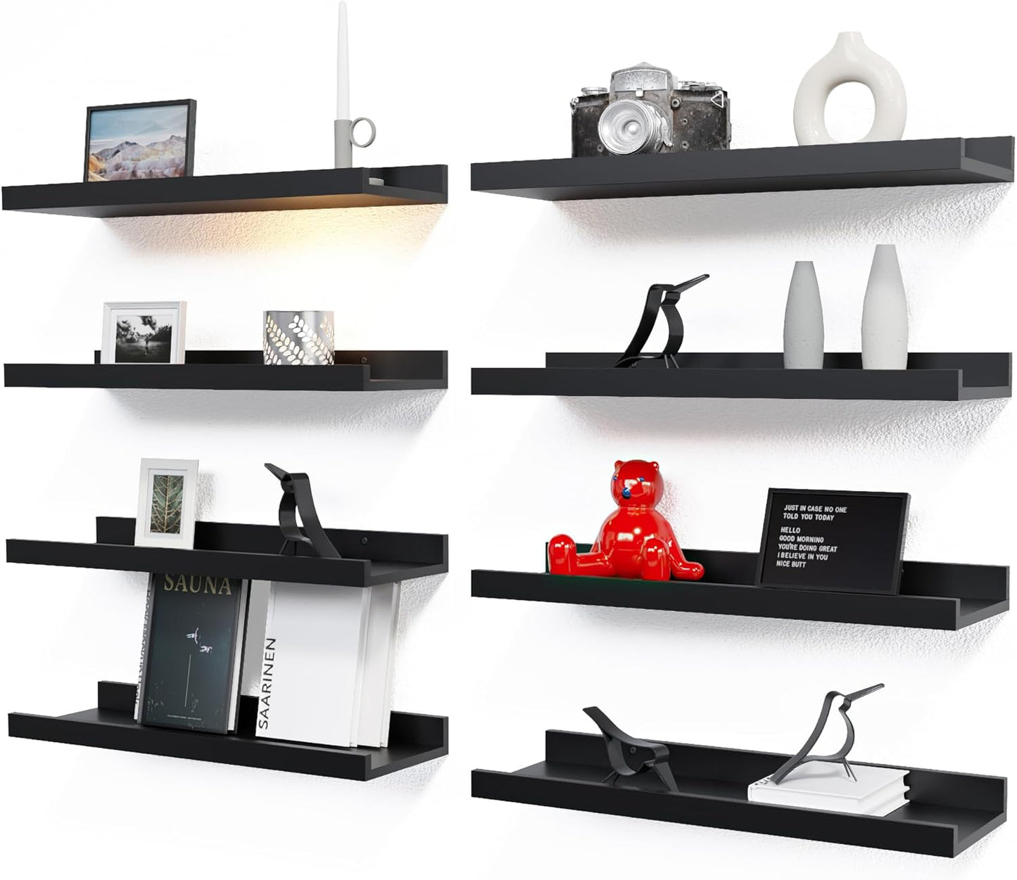 RICHER HOUSE 5 Set Floating Wall Mounted Shelves, Black Shelves for Wall Decor, Modern Picture Ledge Shelf with Lip for Storage, Nursery, Bedroom, Living Room, Bathroom - Black