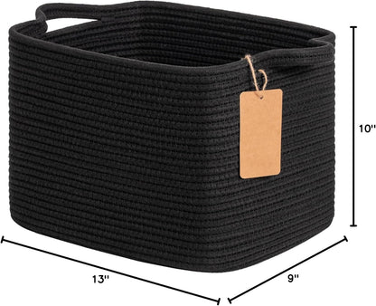 Goodpick Woven Storage Basket, Cotton Rope Basket for Dog Toys, Books, Stylish Gift Basket with Handles, 13 x 10 x 9 Inches Square Baskets for Organizing, Brown and White
