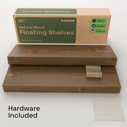 BAOBAB WORKSHOP Wood Floating Shelves for Wall Mounted, 16 inch Walnut Floating Shelf for Bathroom, Solid Wooden Wall Shelves for Kitchen Bedroom Farmhouse, Walnut Finish, 16 x 6.7, Set of 2