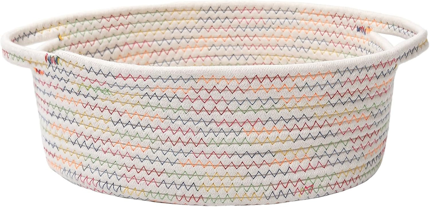 JMvicyroam Woven Basket,Small Rope Storage Bin with Handles & Ribbon Bag, Organizer for Shelves Closets,Gift Basket Empty for Birthday,Books,Dog Toys,White