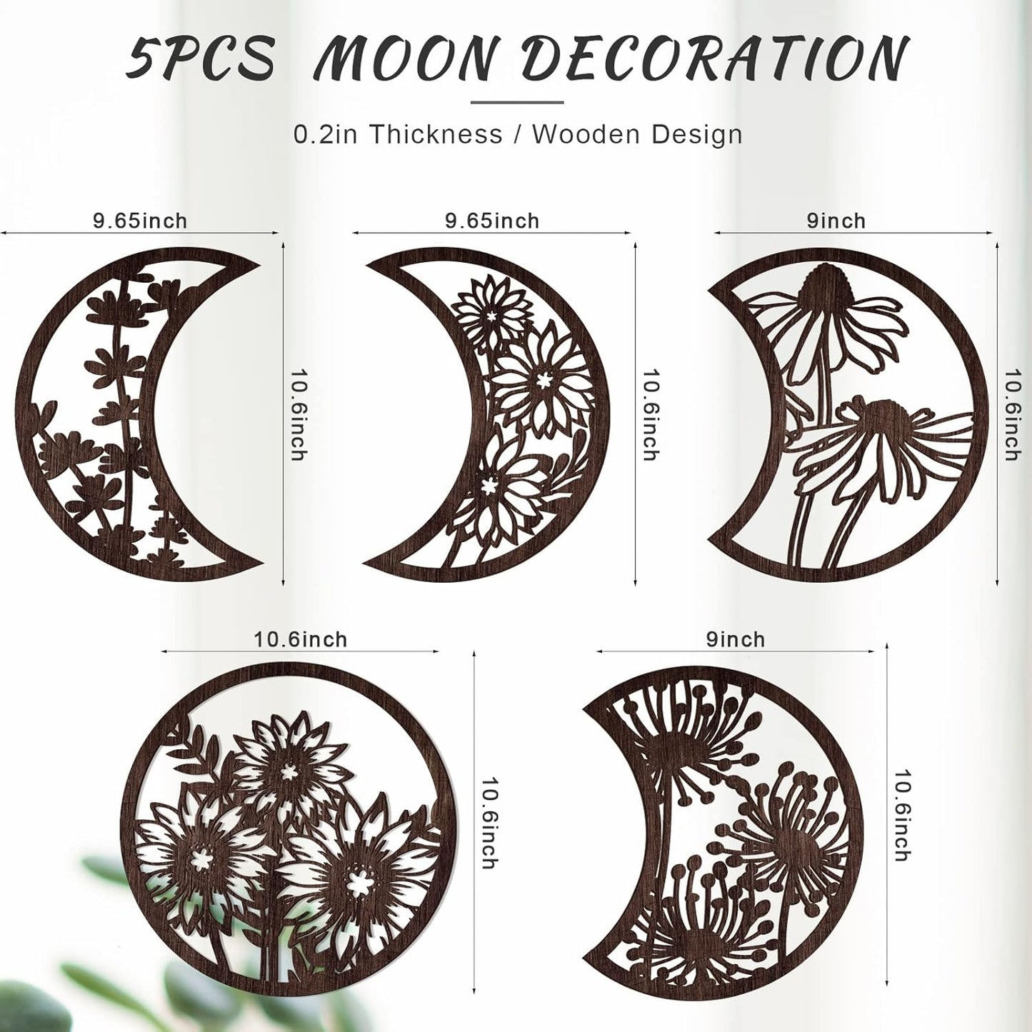 Jetec 5 Pcs Moon Phase Wall Art Decor Wall Pediments Hanging Wooden Phase Spiritual Bedroom Nordic Boho Lunar Aesthetic Art for Living Room Dorm Apartment Ornament(Brown,10.6 Inch,Botanical)