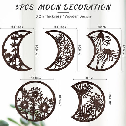 Jetec 5 Pcs Moon Phase Wall Art Decor Wall Pediments Hanging Wooden Phase Spiritual Bedroom Nordic Boho Lunar Aesthetic Art for Living Room Dorm Apartment Ornament(Brown,10.6 Inch,Botanical)