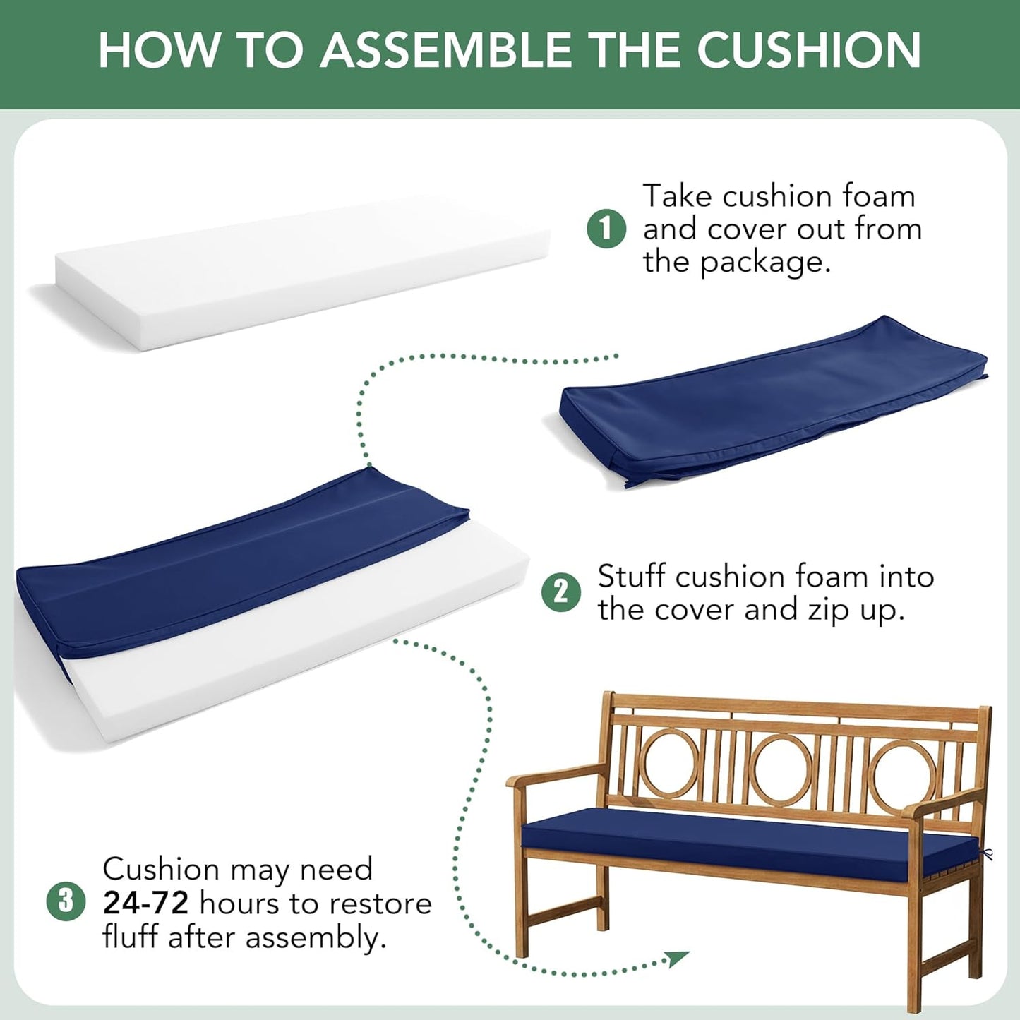 Summsun Outdoor Bench Cushion: Waterproof and Fade Resistant Patio Furniture Cushions - Non-Slip Bench Pad Cushion with Removable Cover for Garden Swing Porch Sofa Settee, 48 x 18 x 3 Inch, Black