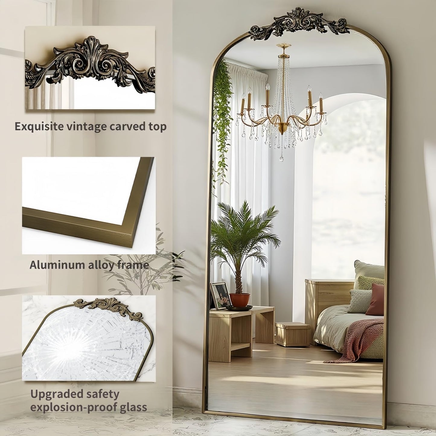 Dewfig Arched Full Length Mirror, 76"x34" Large Floor Mirror, Full Body Mirrors for Leaning or Hanging, Standing Mirrors for Bedroom, Living Room,Dressing Room, Aluminum Alloy Frame, Black