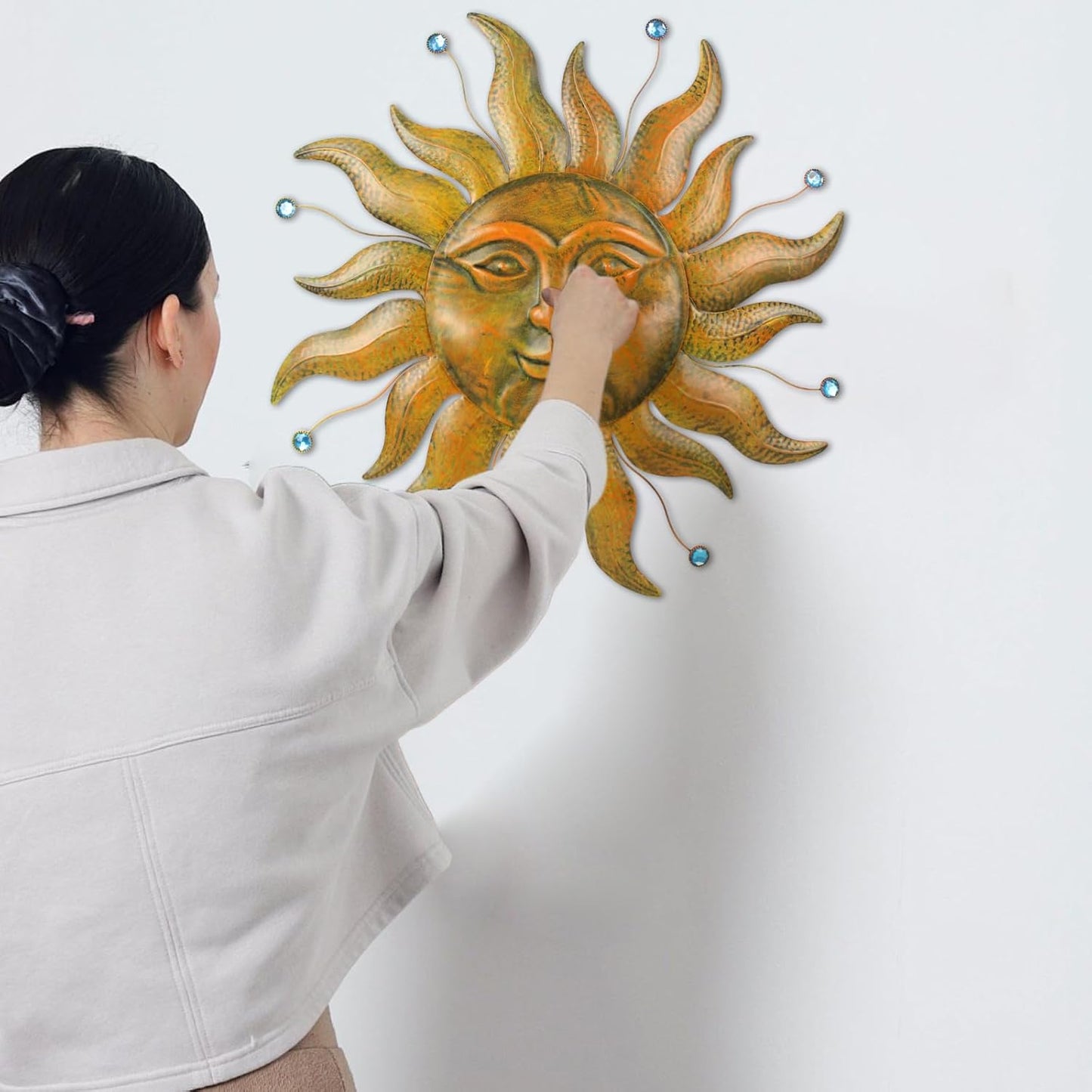 Large Metal Sun Wall Decor Outdoor, 27 Inch Sun and Moon Decor Metal Wall Art, 3D Sun Wall Decor for Patio Garden Yard Fence Bedroom Living Room Decoration