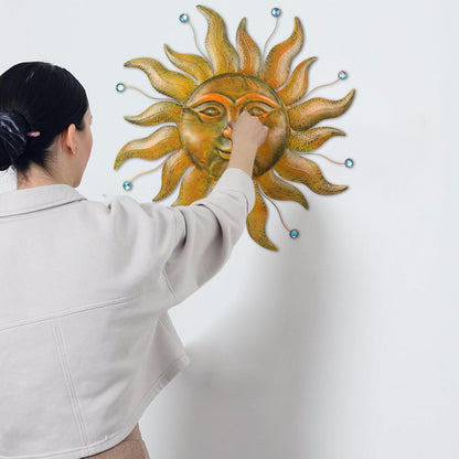Large Metal Sun Wall Decor Outdoor, 27 Inch Sun and Moon Decor Metal Wall Art, 3D Sun Wall Decor for Patio Garden Yard Fence Bedroom Living Room Decoration