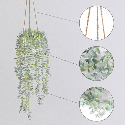 Decorative Hanging Plants for Shelf, Faux Ivy Eucalyptus Vine, Fake Greenery in White Bigger Pot (Light Green, 1PCS)
