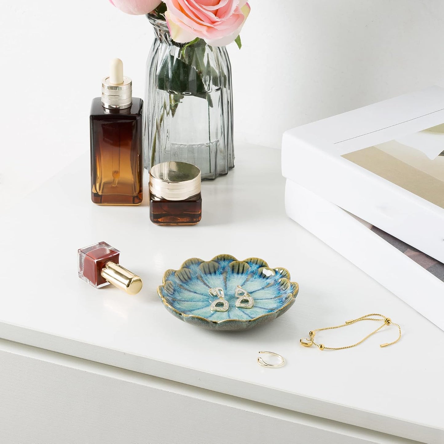 Jewelry Dish Tray, Ring Dish, Ceramic Trinket Tray, Key Bowl, Decorative Plate, for Friends Sisters Daughter Mother (Milky White)