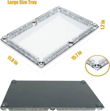Crystal Glass Tray, Modern Mirror Jewelry Dresser Trinket Trays with Crushed Diamond, 11.8" x 7.9"Rectangular Makeup Perfume Tray for Bathroom Bedroom, Home Decor, Hotel Banquet, Party(Silver)