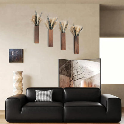 Set of 2 Wooden Vases with Pampas Grass and Eucalyptus – Boho Decor for Living Room, Modern Farmhouse Entryway or Bathroom, Rustic Art for Home Decoration