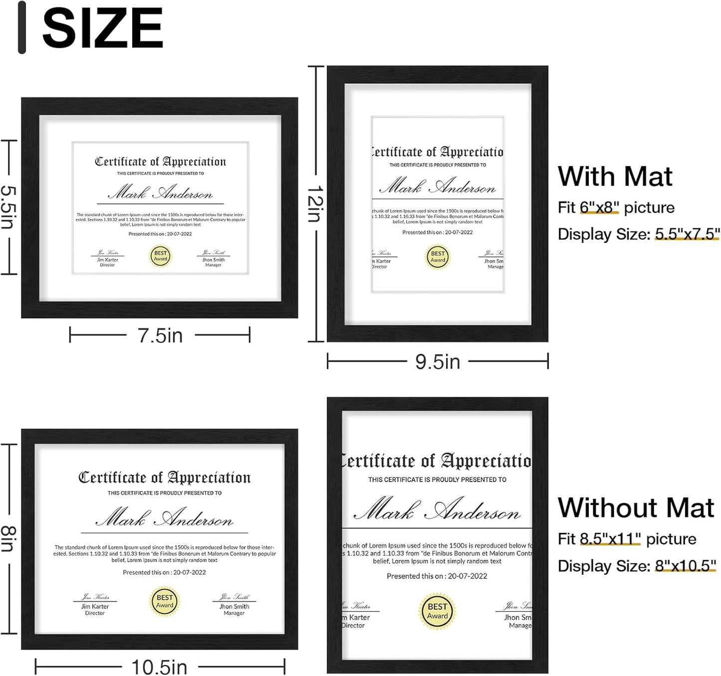 Vittanly 8x10 Picture Frames Set of 9, Shatter Resistant Plexiglass, Display 5x7 Pictures with Mat or 8x10 without Mat, Photo Frames for Wall or Tabletop, Engineered Wood, Black - Colors A