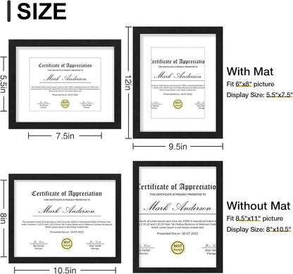 Vittanly 8x10 Picture Frames Set of 9, Shatter Resistant Plexiglass, Display 5x7 Pictures with Mat or 8x10 without Mat, Photo Frames for Wall or Tabletop, Engineered Wood, Black - Colors A