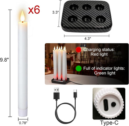 GenSwin Flameless Ivory Taper Candles Flickering with 10-Key Remote, Battery Operated Led Warm 3D Wick Light Window Candles Real Wax Pack of 6, Christmas Home Wedding Decor(0.78 X 9.64 Inch)