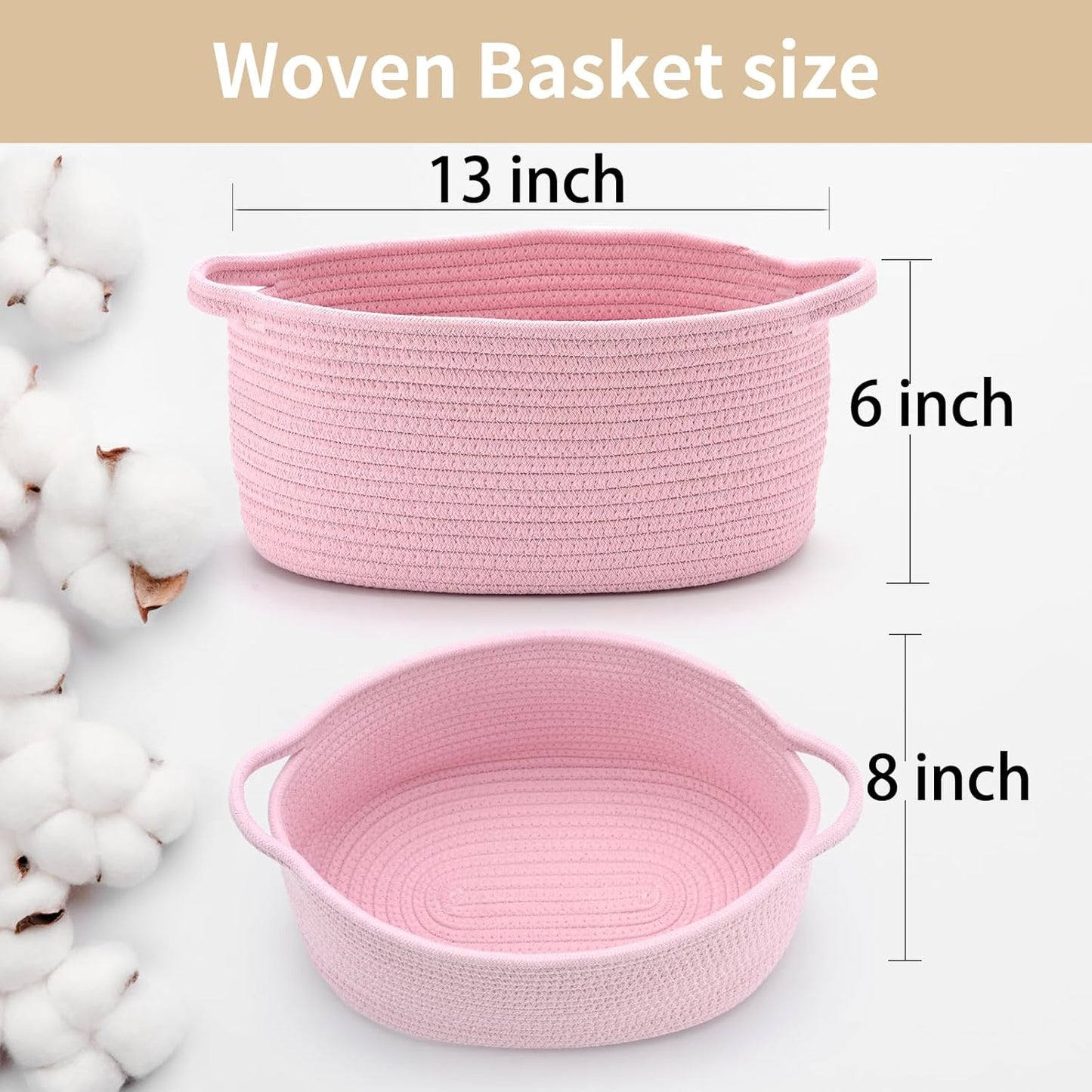 Happyiren Medium Woven Cotton Rope Basket with Handle Empty Decorative Gift Basket for Baby Shower, Graduation, Mother's Day, Nursery Storage 13" Dia x 8" W x 6" H