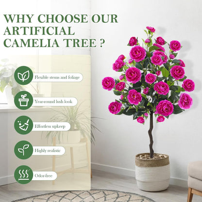 Lunmon 2 Pack 3ft Artificial Camellia Plants Tree 36" Faux Camellia Flower with Spike UV Resistant Realistic Fake Floral Blooming Bush for Indoor Outdoor Front Door Porch Backyard Garden, Purple