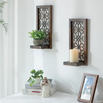 Farmhouse Wall Candle Holder Decor: Rustic Candle Sconces Set of Two for Pillar Candles - Brown Wooden Shelving for Fireplace Bathroom Hallway