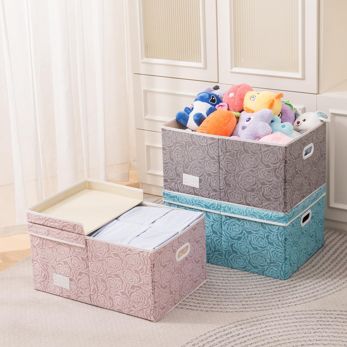 PRANDOM Larger Collapsible Storage Bin with Lid [1-Pack] Fabric Decorative Storage Box Cube Organizer Container Baskes with Handles Divider for Bedroom Closet Living Room Pink 17.7x11.8x11.8 Inch