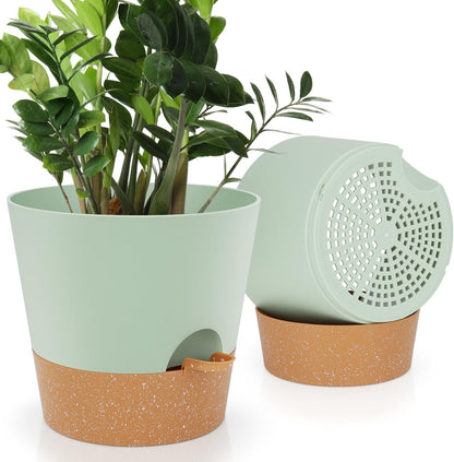 YNNICO Indoor Self Watering Planters with Drainage Holes and Saucers, 8, 7, 6.5, 6, 5.5, 5 Inches, Black, 6 Pots