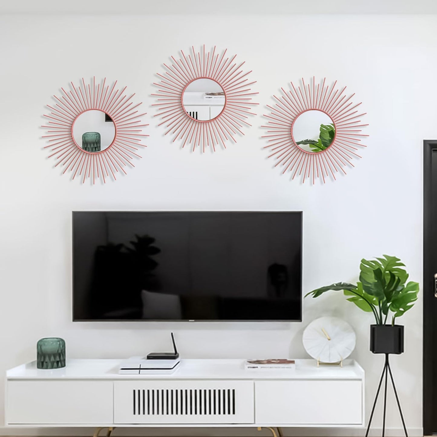 3 Pack Metal Mirrors for Wall Sunburst Wall Mirrors Home Décor Decorative Hanging Wall Art for Living Room Bedroom Entryway (Gold, Flower+Sunburst)