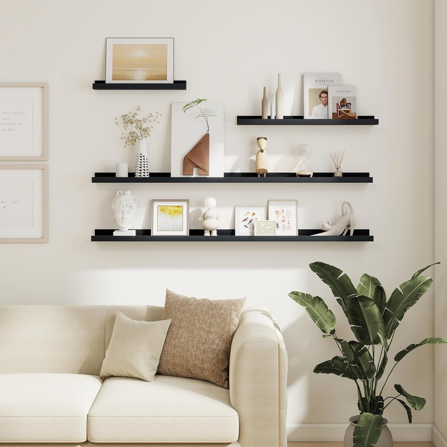 Acovy Picture Ledge Shelf Set of 6, 48 inch Long Large Floating Shelves for Wall with Lip, Wall Mounted Shelves for Living Room, Bedroom, Bathroom, Kitchen, Nursery,Oak