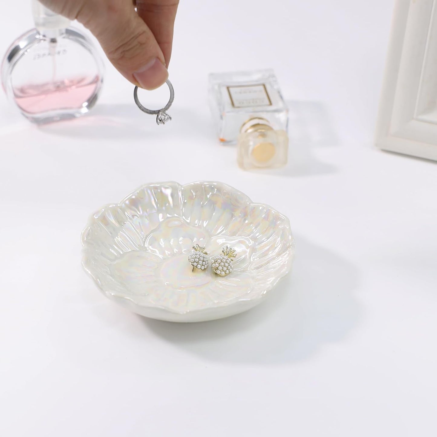 Pink Flower Ring Dish Holder,Jewelry Dish Tray,Small Trinket Tray,Jewelry Plate Bowl,Key Bowl,Decorative Plate,Mothers Day Birthday Gifts for Women Friends,Ceramic Kiln effect White