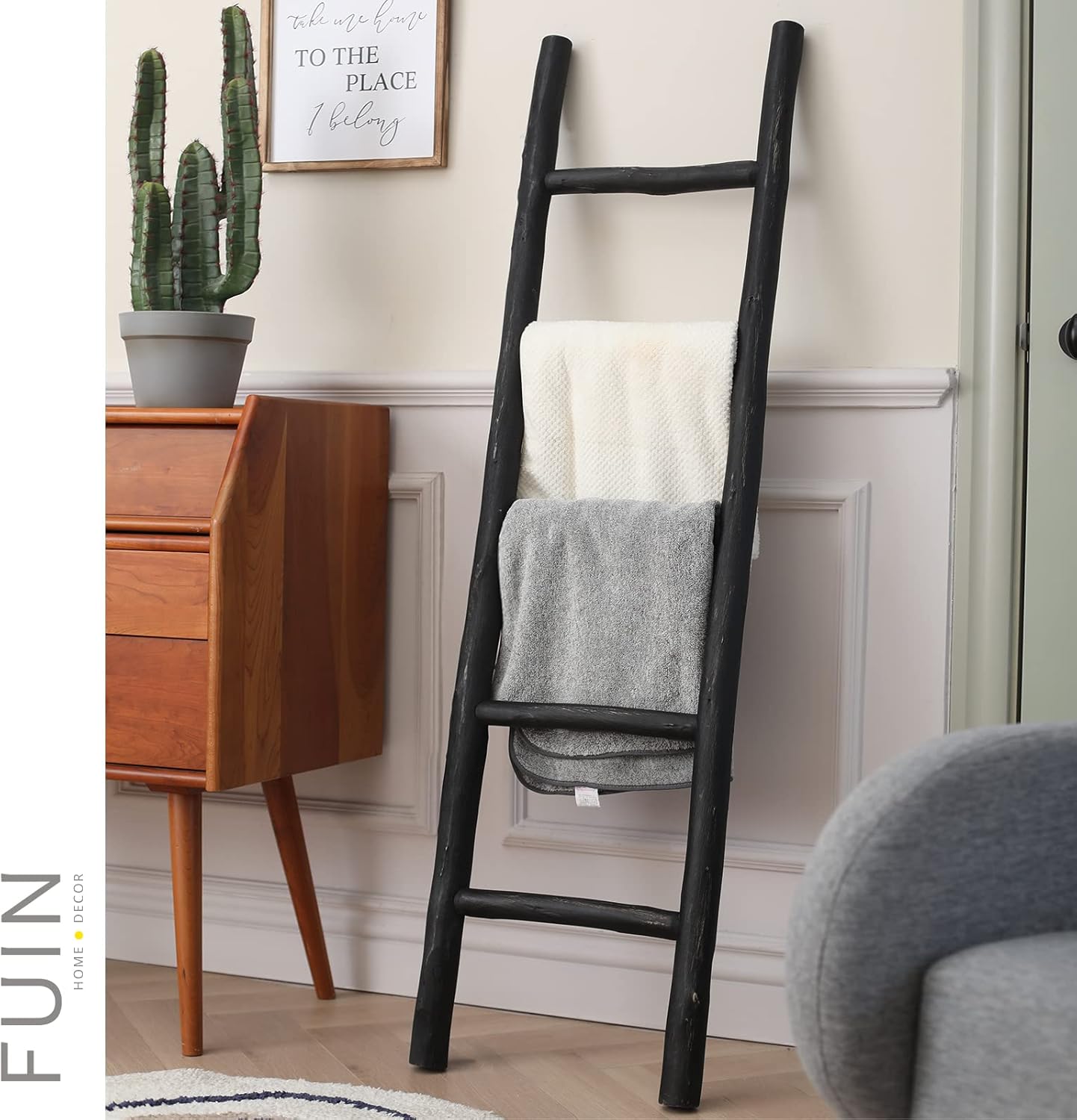 FUIN 57in Wood Blanket Ladder Living Room Decorative Wall Leaning Farmhouse Quilt Display Holder Rustic Wooden Towel Rack for Bathroom, Brown