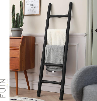 FUIN 57in Wood Blanket Ladder Living Room Decorative Wall Leaning Farmhouse Quilt Display Holder Rustic Wooden Towel Rack for Bathroom, Brown