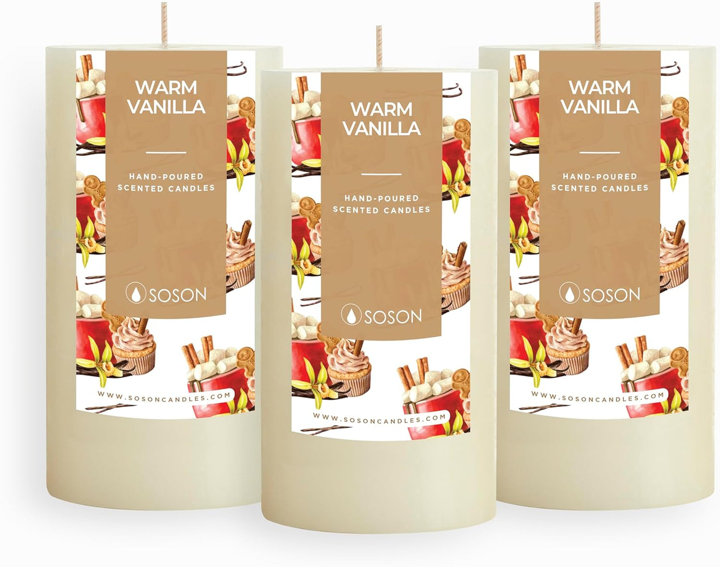 Simply Soson Warm Vanilla Scented Candle Set - 3x6 Ivory Pillar Candles for Home, Aromatherapy, Women, Fall