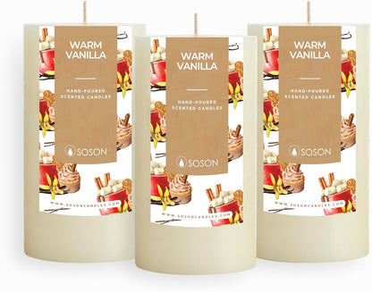 Simply Soson Warm Vanilla Scented Candle Set - 3x6 Ivory Pillar Candles for Home, Aromatherapy, Women, Fall