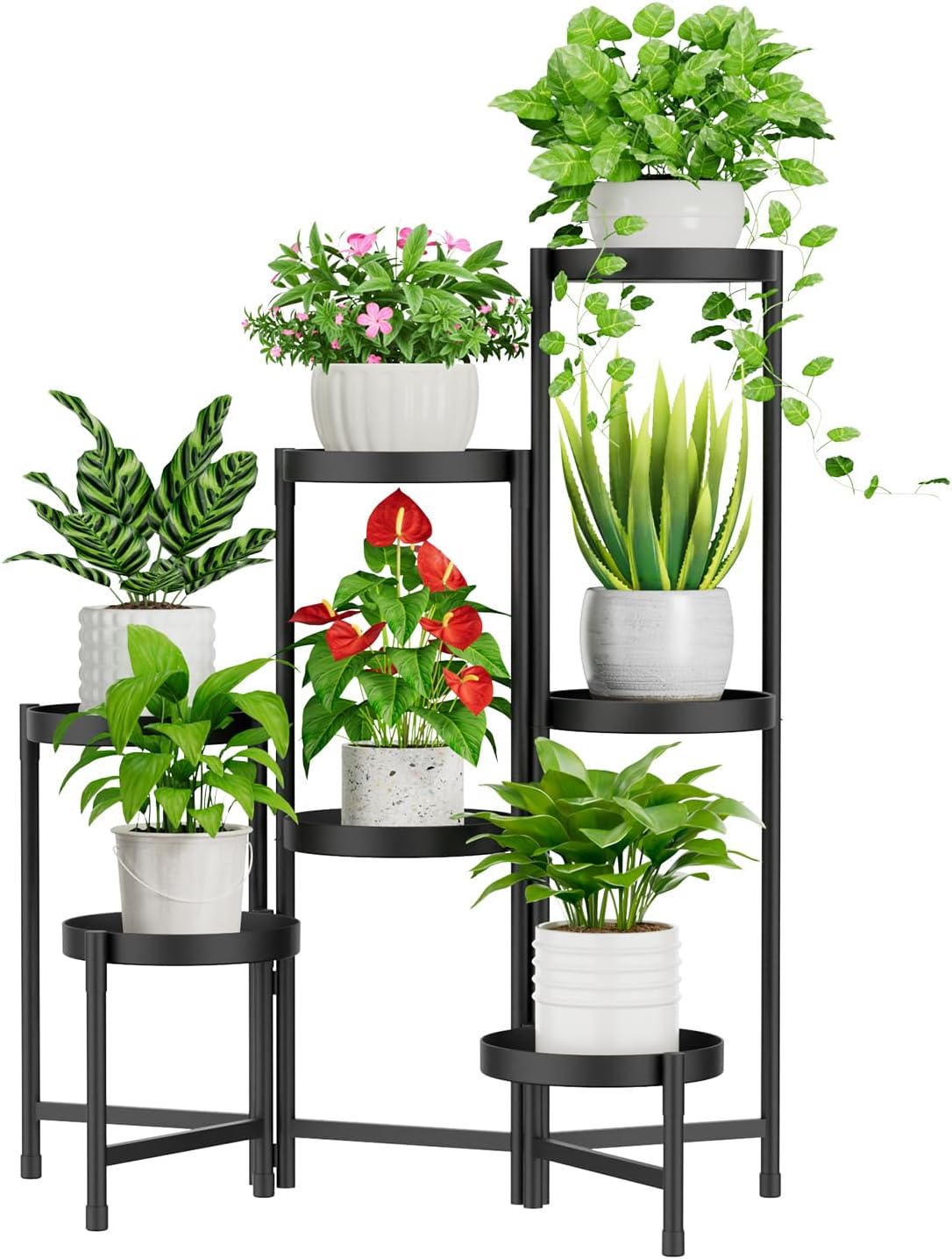 iDavosic.ly Plant Stand Indoor Outdoor, 5 Tier Corner Metal Flower Display Holder Shelf, Folding Tall Orchid Rack for Patio Balcony Porch Garden Living Room House, Black