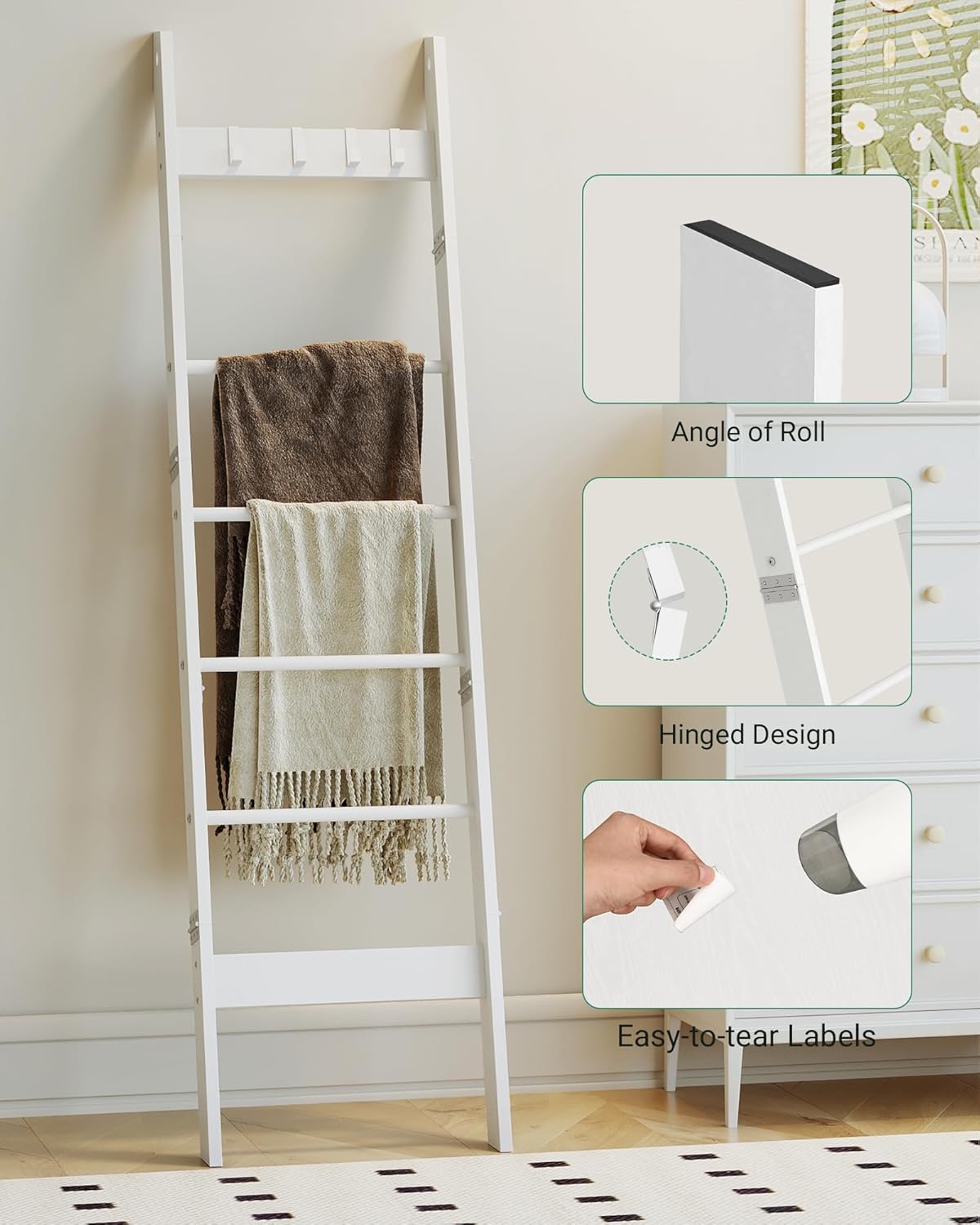 Hzuaneri Blanket Ladder for Living Room, Decorative Quilt Rack with 4 Removable Hooks, 5-Tier Farmhouse Ladder Holder Shelf Organizer for Bedroom, Rustic Brown and Black 02101BBR