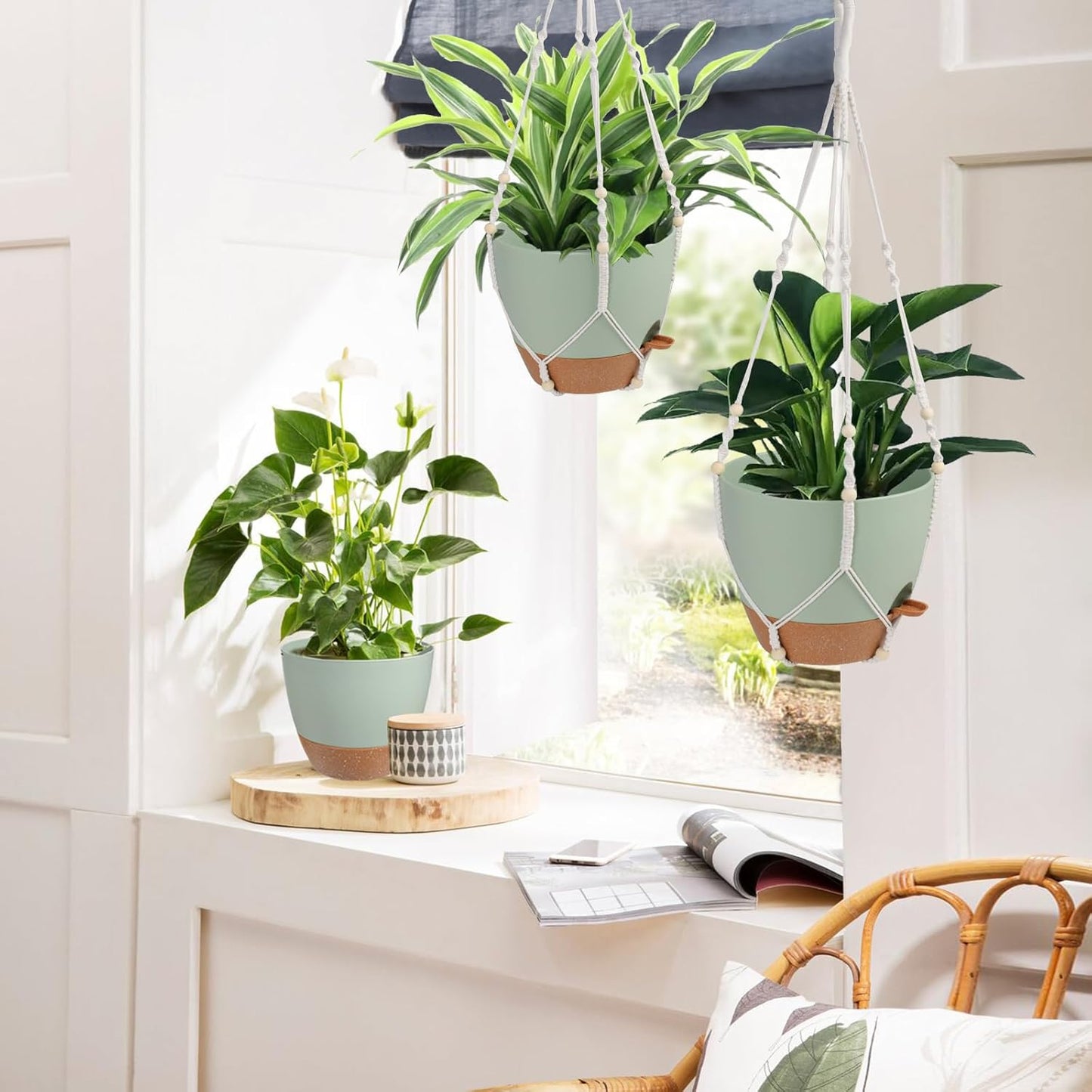 Vanslogreen Hanging Planters for Indoor Outdoor Plants, 2 Pack Self Watering Hanging Pot with Drainage Holes & Removable Tray (Black, 8'')