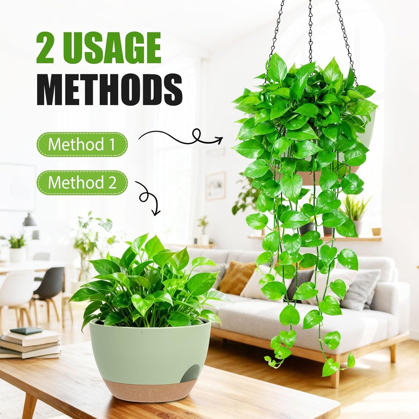 8 Inch Hanging Planters for Indoor Outdoor Plants, 4 Pack Black Plastic Self Watering Hanging Baskets with Drainage Holes and Chain for Garden Porch