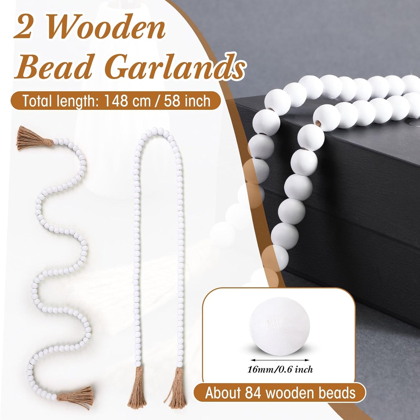 Geetery 2 Pcs 58'' Bead Garland with Tassels, Rustic Country Decor, Boho Wall Hanging for Farmhouse Style, Versatile Prayer Beads for Home, Table, or Wall Decoration (Black)