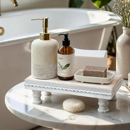 Wood Tray Pedestal Stand, Waterproof Bathroom Counter Organizer, Modern Farmhouse Riser for Soap/Candle/Sponge White Small