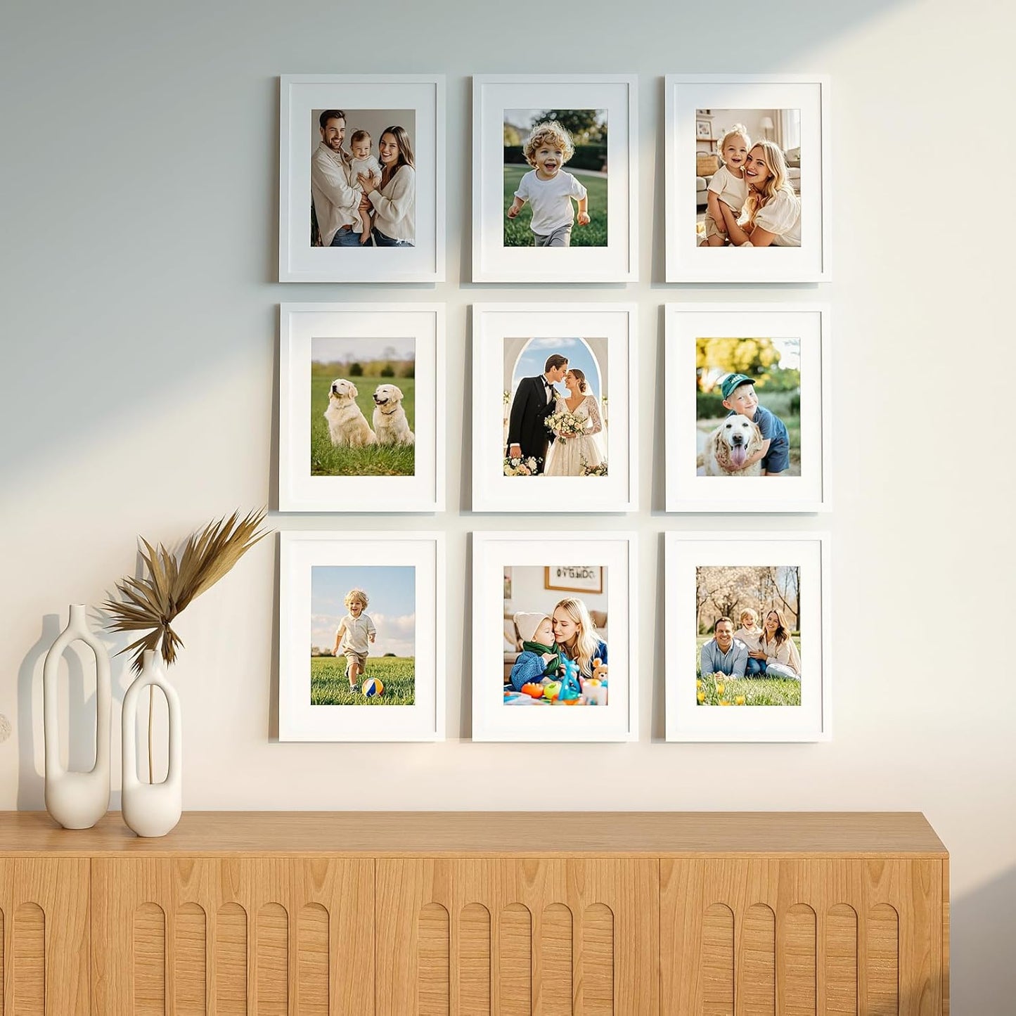 12x12 Picture Frame Set of 9, Display Pictures 8x8 with Mat or 12x12 without Mat, Multi Collage Gallery Square Photo Frames for Wall or Tabletop, Black