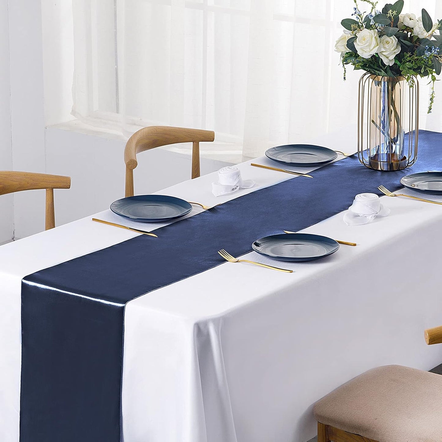 SiinvdaBZX 4 Pcs Royal Blue Satin Table Runner 12 x 108 inches Long, Bright Smooth Satin Wedding Table Runner Decorations for Birthday Parties, Buffet, Banquets, Graduations, Engagements