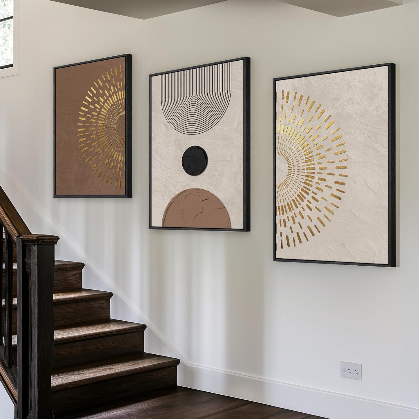 Large Framed Neutral Abstract Wall Art for Living Room, 3 Piece Modern Canvas Prints Paintings Artwork for Walls, Black and Beige Pictures for Living Room Hallway Stair Office Wall Decor 24x36 Inch