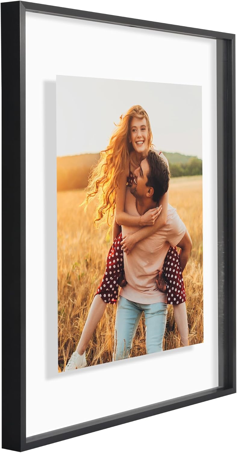 Americanflat Aluminum 11x14 Floating Picture Frame with Shatter-Resistant Glass - Use as 8x10 Picture Frame or Display 11x14 Photo - Signature Float Collection - Photo Frames for Wall Display - Black