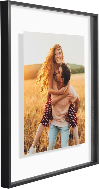 Americanflat Aluminum 11x14 Floating Picture Frame with Shatter-Resistant Glass - Use as 8x10 Picture Frame or Display 11x14 Photo - Signature Float Collection - Photo Frames for Wall Display - Black