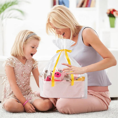 OIAHOMY Woven Basket, Gift Basket Empty with Gift Bags and Ribbons, Rope Baskets for Baby Showers, Storage Baskets with Handles for Nursery, Pet Toy Organizer - White