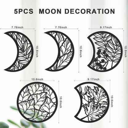 Jetec 5 Pcs Moon Phase Wall Art Decor Wall Pediments Hanging Wooden Phase Spiritual Bedroom Nordic Boho Lunar Aesthetic Art for Living Room Dorm Apartment Ornament(Brown,10.6 Inch,Botanical)